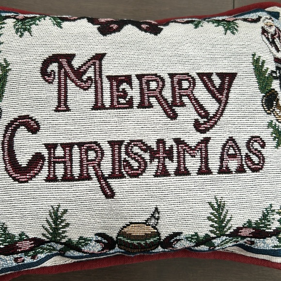 Vintage Burgundy Merry Christmas Pillow, Holiday Cushion, Embroidered Sofa Decor - Picture 4 of 7